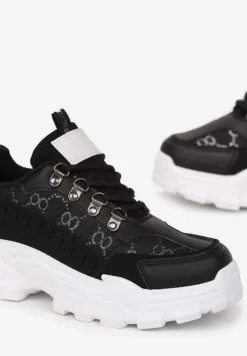 Czarne Sneakersy Sznurowane z Zaokrąglonym Noskiem na Grubej Podeszwie Alaiad