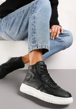 Czarne Sneakersy Sznurowane za Kostkę na Płaskiej Podeszwie Gitaria