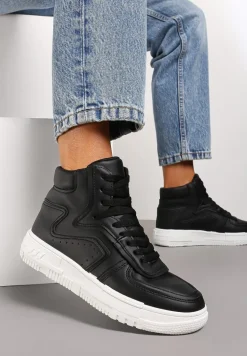 Czarne Sneakersy Sznurowane za Kostkę na Płaskiej Podeszwie Gitaria