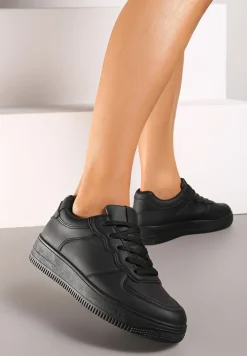Czarne Sneakersy Sznurowane na Grubej Podeszwie Taleith