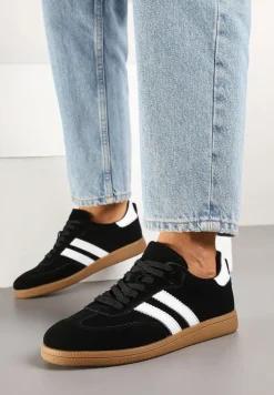 Czarne Sneakersy Tenisówki Skórzane z Paskami Alinira