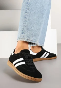 Czarne Sneakersy Tenisówki Skórzane z Paskami Alinira