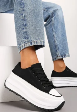Czarne Sneakersy Trampki Przed Kostkę na Wysokiej Platformie z Ozdobnym Protektorem Ligustra