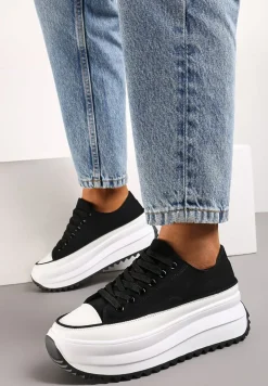 Czarne Sneakersy Trampki Przed Kostkę na Wysokiej Platformie z Ozdobnym Protektorem Ligustra