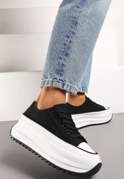 Czarne Sneakersy Trampki Przed Kostkę na Wysokiej Platformie z Ozdobnym Protektorem Ligustra