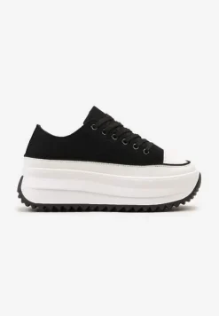 Czarne Sneakersy Trampki Przed Kostkę na Wysokiej Platformie z Ozdobnym Protektorem Ligustra