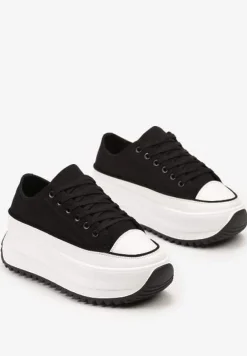 Czarne Sneakersy Trampki Przed Kostkę na Wysokiej Platformie z Ozdobnym Protektorem Ligustra