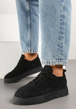Czarne Sneakersy z Ażurowej Koronki na Grubej Podeszwie Nanessia
