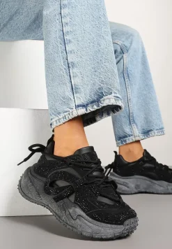 Czarne Sneakersy z Cyrkoniami i Ozdobnym Sznurowaniem Sorvea