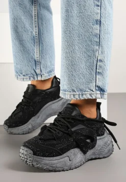 Czarne Sneakersy z Cyrkoniami i Ozdobnym Sznurowaniem Sorvea