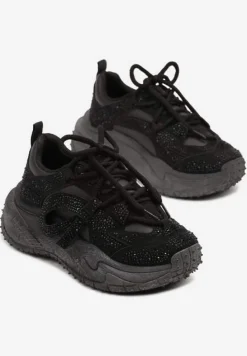 Czarne Sneakersy z Cyrkoniami i Ozdobnym Sznurowaniem Sorvea