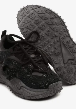 Czarne Sneakersy z Cyrkoniami i Ozdobnym Sznurowaniem Sorvea