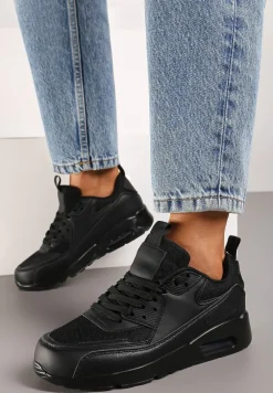 Czarne Sneakersy z Ekoskóry ze Sznurowaniami i Podeszwą Typu Air Walana