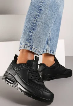 Czarne Sneakersy z Ekoskóry ze Sznurowaniami i Podeszwą Typu Air Walana