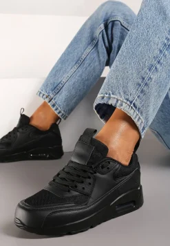 Czarne Sneakersy z Ekoskóry ze Sznurowaniami i Podeszwą Typu Air Walana