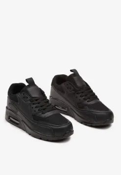 Czarne Sneakersy z Ekoskóry ze Sznurowaniami i Podeszwą Typu Air Walana