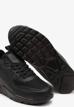 Czarne Sneakersy z Ekoskóry ze Sznurowaniami i Podeszwą Typu Air Walana