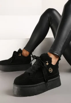 Czarne Sneakersy z Ekozamszu na Grubej Podeszwie Wyściełane Futerkiem Senavel