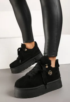 Czarne Sneakersy z Ekozamszu na Grubej Podeszwie Wyściełane Futerkiem Senavel