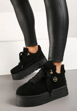 Czarne Sneakersy z Ekozamszu na Grubej Podeszwie Wyściełane Futerkiem Senavel