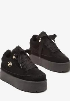 Czarne Sneakersy z Ekozamszu na Grubej Podeszwie Wyściełane Futerkiem Senavel