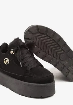 Czarne Sneakersy z Ekozamszu na Grubej Podeszwie Wyściełane Futerkiem Senavel