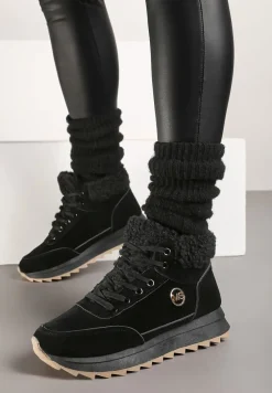 Czarne Sneakersy z Ekozamszu z Futrzaną Wyściółką Etaylla