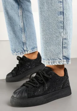 Czarne Sneakersy z Ozdobnym Tłoczeniem i Cyrkoniami Dorreia