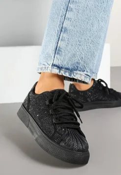 Czarne Sneakersy z Ozdobnym Tłoczeniem i Cyrkoniami Dorreia