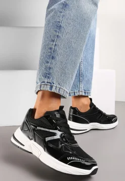 Czarne Sneakersy ze Wstawkami z Ekoskóry na Grubej Podeszwie Elperna