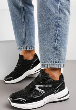 Czarne Sneakersy ze Wstawkami z Ekoskóry na Grubej Podeszwie Elperna