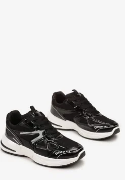 Czarne Sneakersy ze Wstawkami z Ekoskóry na Grubej Podeszwie Elperna