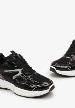 Czarne Sneakersy ze Wstawkami z Ekoskóry na Grubej Podeszwie Elperna