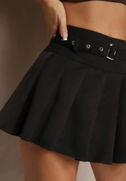 Czarne Spódnico Szorty w Stylu Preppy z Plisami Low Waist Romista