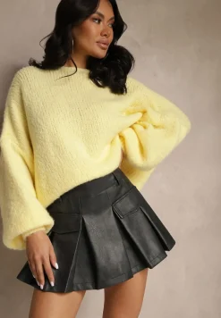 Czarne Spódnico-Szorty High Waist z Ekoskóry Ozdobione Imitacją Kieszeni Silezi