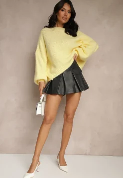 Czarne Spódnico-Szorty High Waist z Ekoskóry Ozdobione Imitacją Kieszeni Silezi