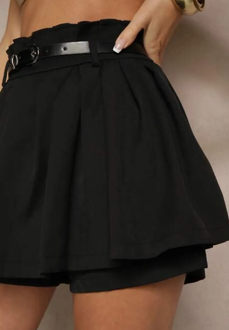 Czarne Spódnico-Szorty Plisowane High Waist Ozdobione Paskiem Eranivia