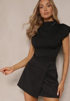 Czarne Spódnico-Szorty z Cekinami Zakładką i Imitacją Kieszeni Vaiane