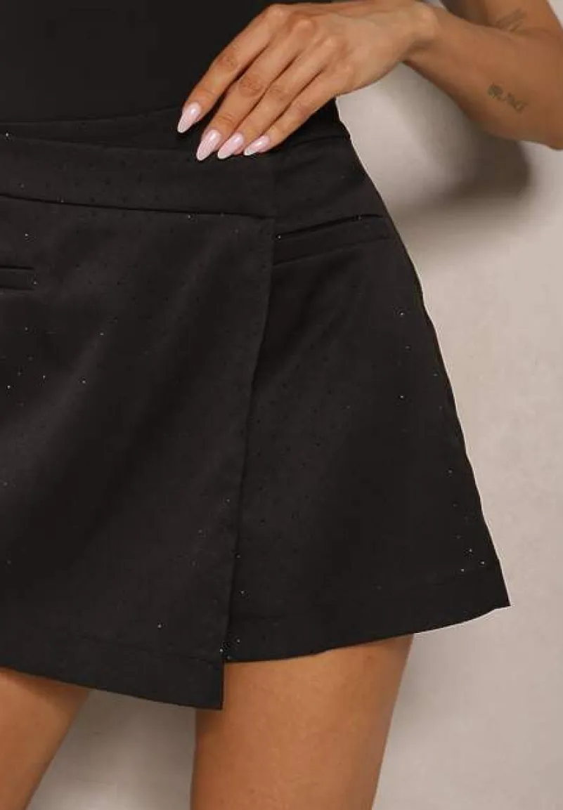 Czarne Spódnico-Szorty z Cekinami Zakładką i Imitacją Kieszeni Vaiane