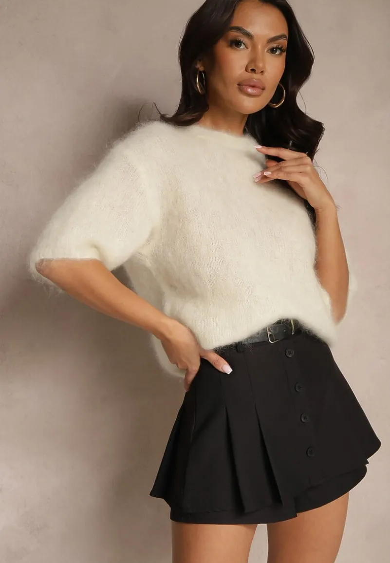 Czarne Spódnico-Szorty z Wiskozy z Bawełną Paskiem i Guzikami Sanilana