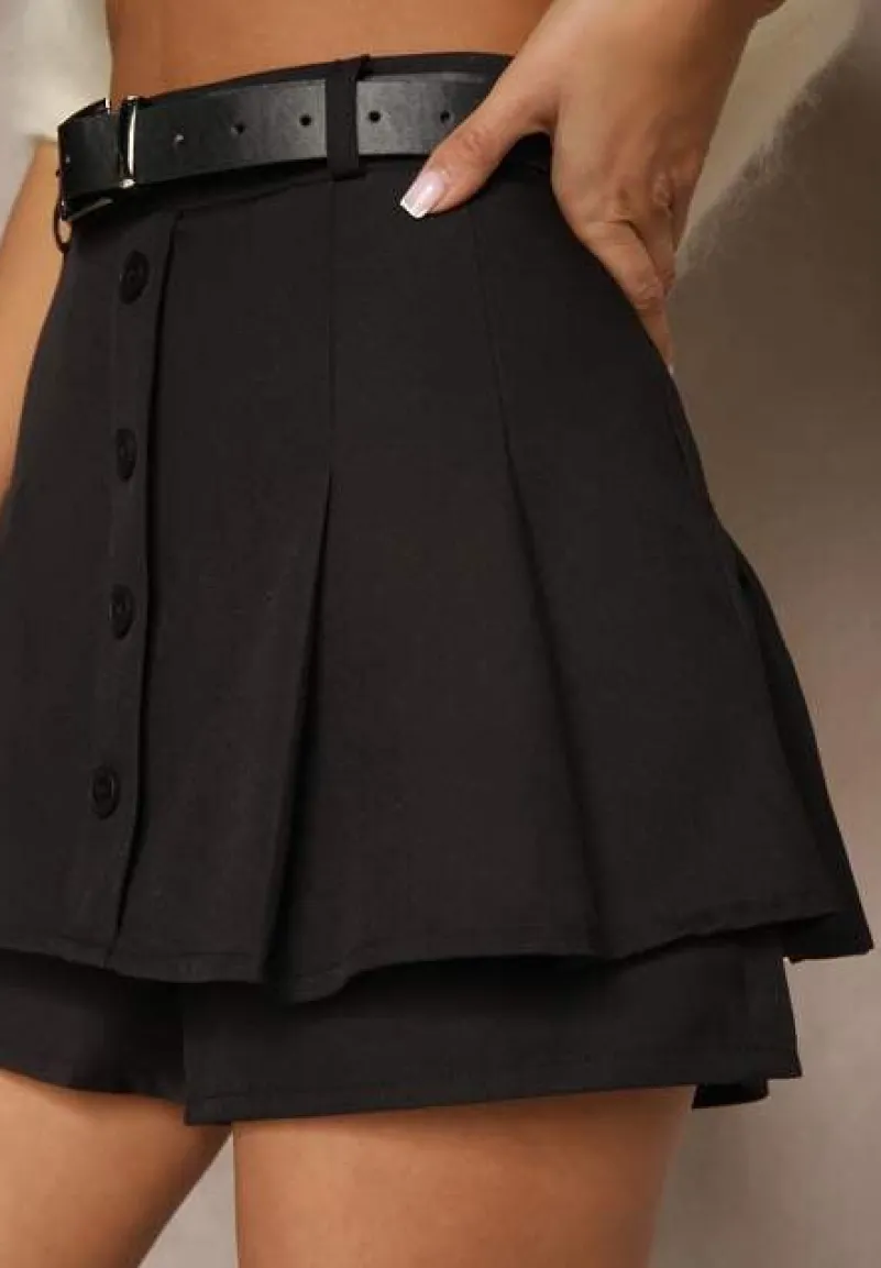 Czarne Spódnico-Szorty z Wiskozy z Bawełną Paskiem i Guzikami Sanilana