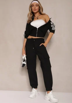 Czarne Spodnie Cargo z Bawełną High Waist Kolanielis