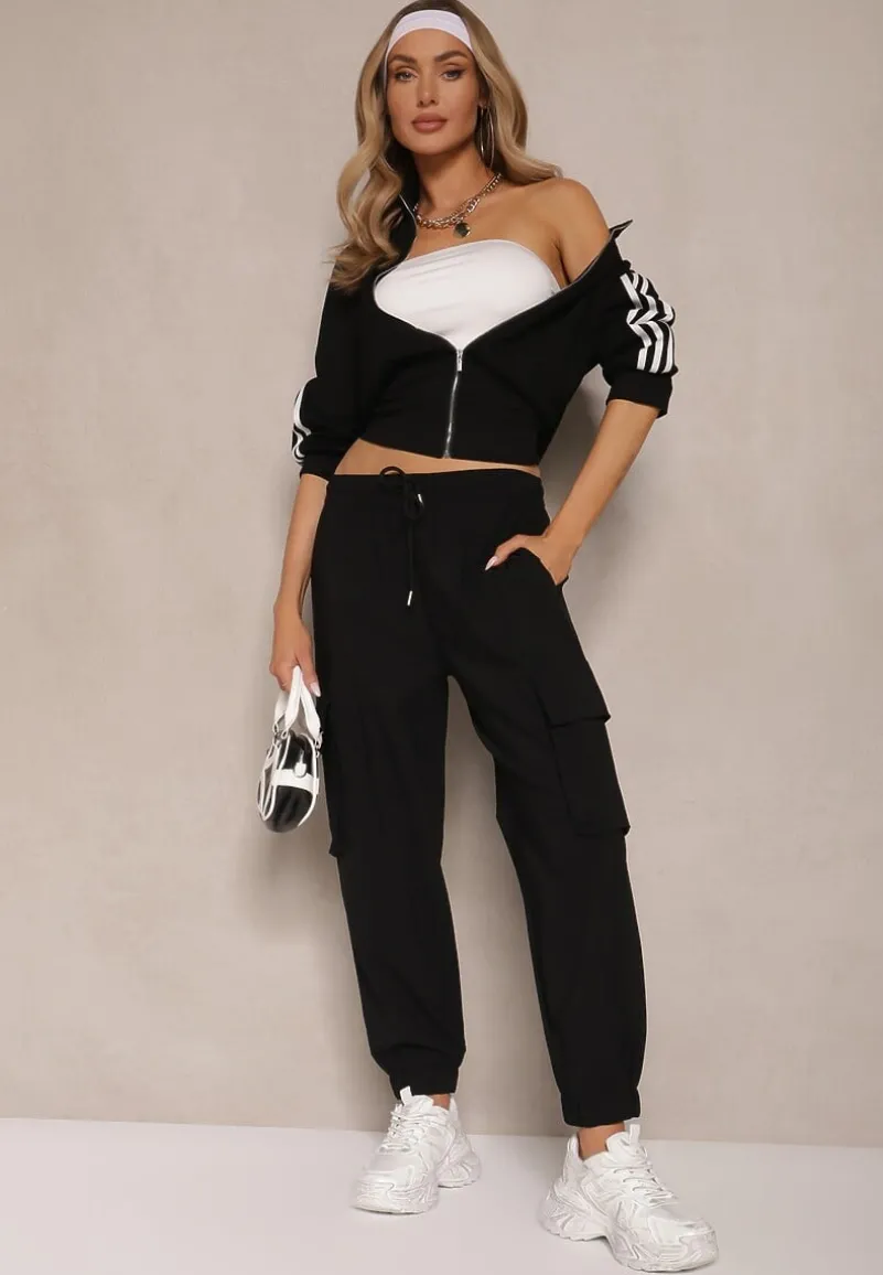 Czarne Spodnie Cargo z Bawełną High Waist Kolanielis