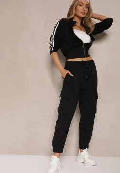 Czarne Spodnie Cargo z Bawełną High Waist Kolanielis