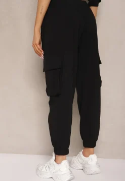 Czarne Spodnie Cargo z Bawełną High Waist Kolanielis