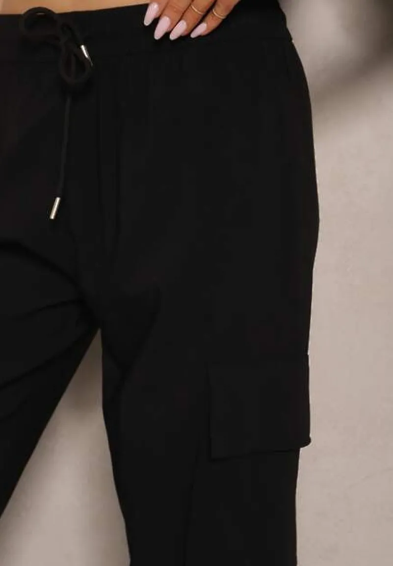 Czarne Spodnie Cargo z Bawełną High Waist Kolanielis