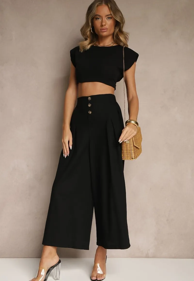 Czarne Spodnie Culottes High Waist z Bawełny Zdobione Guzikami Izuma