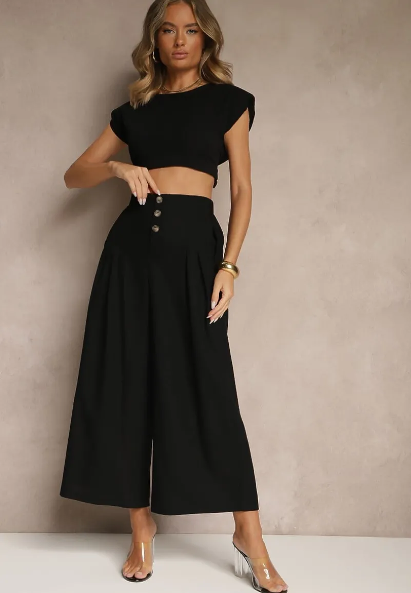 Czarne Spodnie Culottes High Waist z Bawełny Zdobione Guzikami Izuma