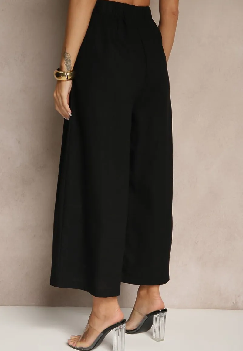 Czarne Spodnie Culottes High Waist z Bawełny Zdobione Guzikami Izuma