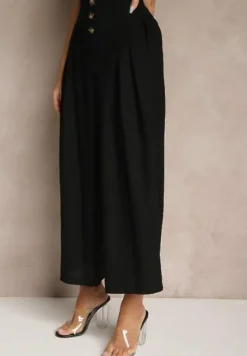 Czarne Spodnie Culottes High Waist z Bawełny Zdobione Guzikami Izuma